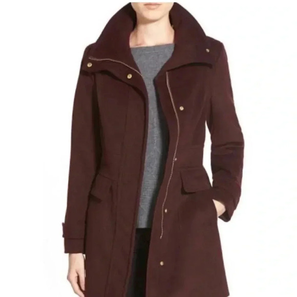 Cole Haan Signature Slick Maroon Peacoat w Pockets and Collared Neck Size 10 - Picture 1 of 12